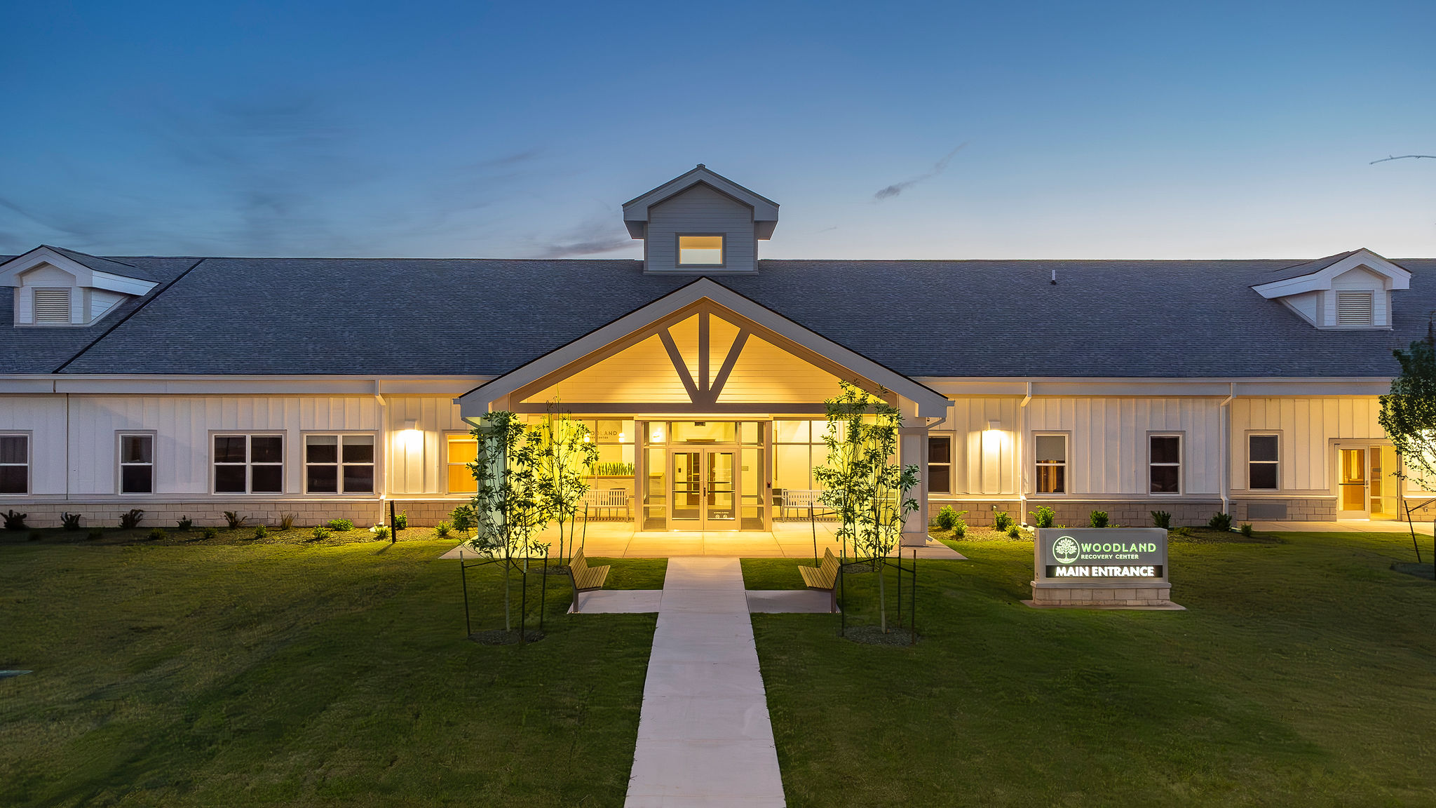 Woodland Recovery Center entrance at dusk